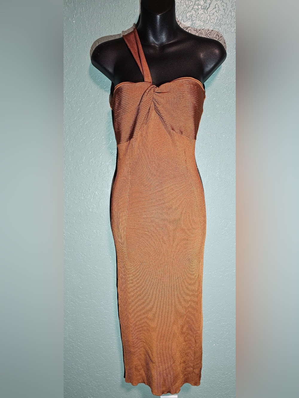 🤎 House of Harlow 1960 Burnt Orange Ribbed One Shoulder Midi Dress S NWT